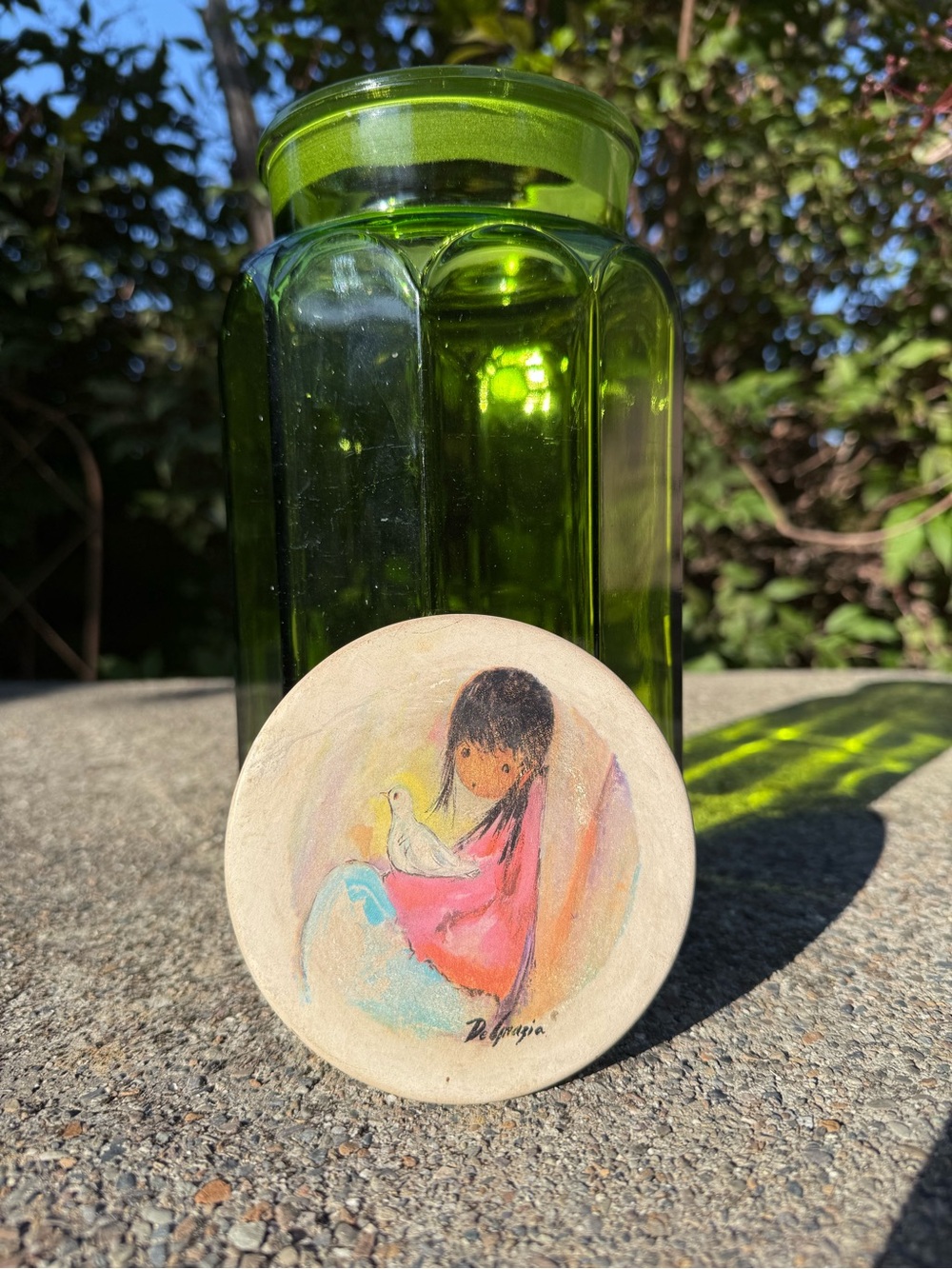 Vintage DeGrazia Hand-Painted Decorative Stone lid and emerald green jar
